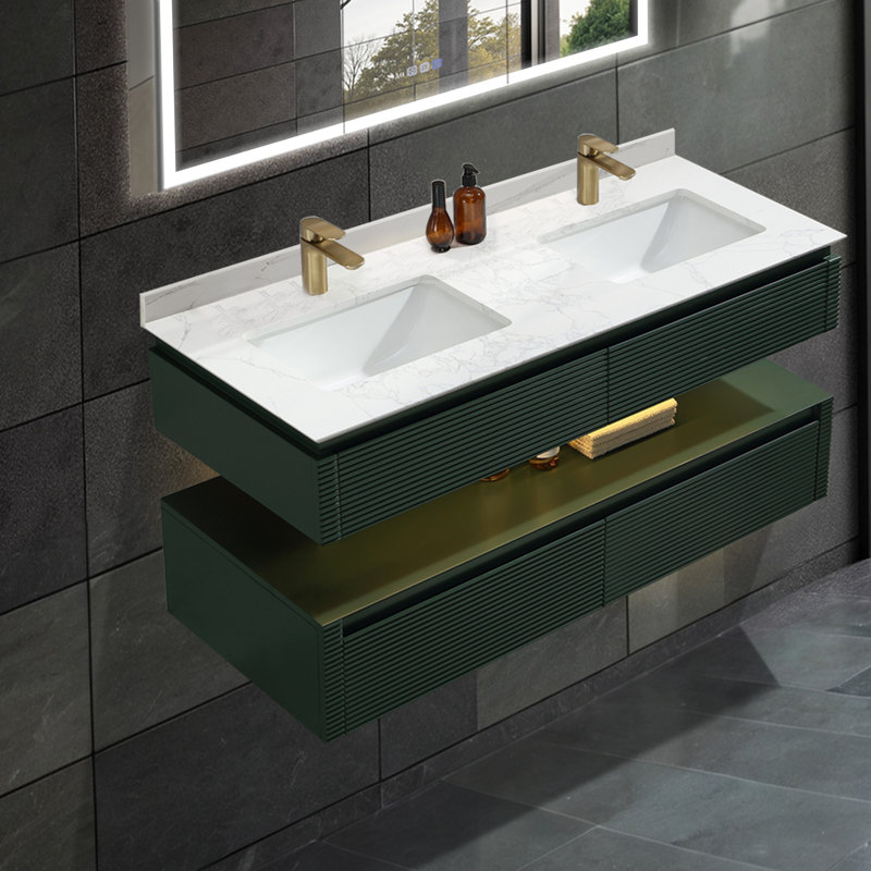Meuble-lavabo mural simple en bois massif de 48 po avec comptoir en pierre et lumière, Vert