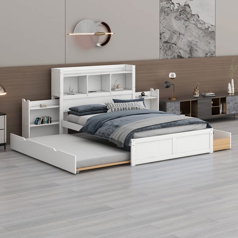 Base de lit en bois de pin massif avec tablettes coulissantes et tête de lit avec rangement, lit plateforme double avec lit gigogne et tiroirs