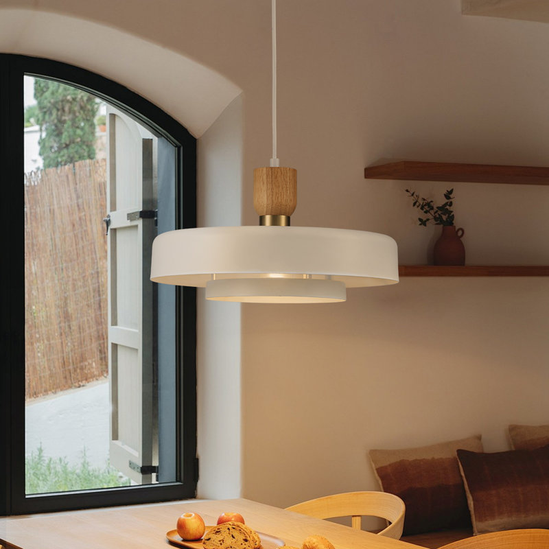 Luminaire suspendu scandinave à 1 lumière avec accents en bois 1 lumière, Blanc