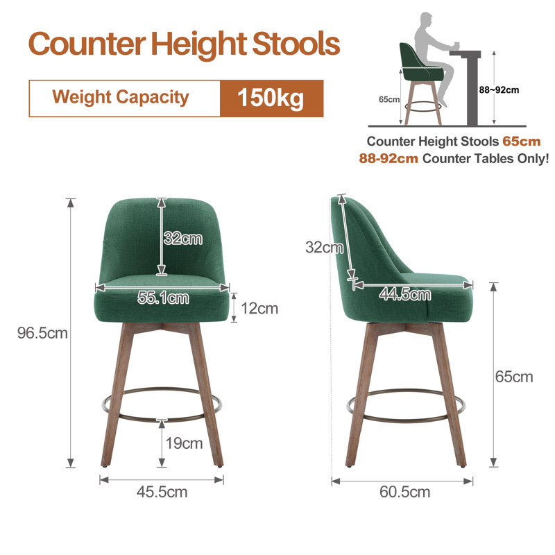 65CM Seat Height Modern Mid-Century Swivel Bar Stool with Backs and Wood Legs, Green