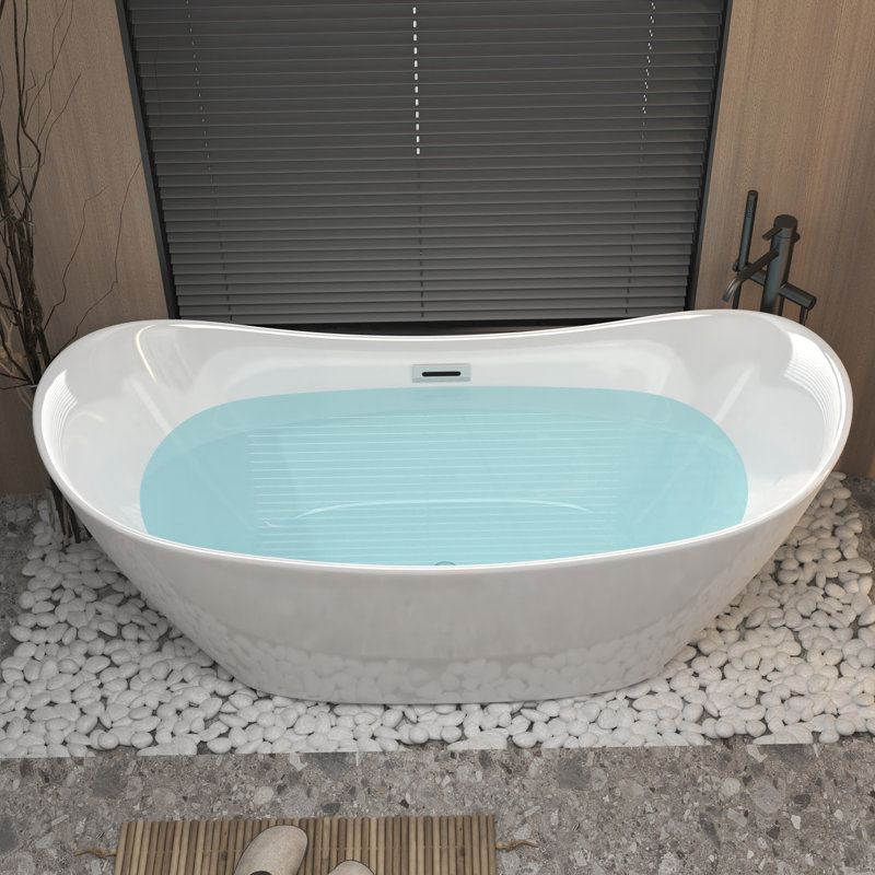 Freestanding 67 - Inch Gloss White Acrylic Bathtub, Oval Shape, Overflow And Pop Up Drain, Versatile Style, Safe For Bathroom Decor Tub, Freestanding, Oval, Center Contemporary Spacious Efficient,