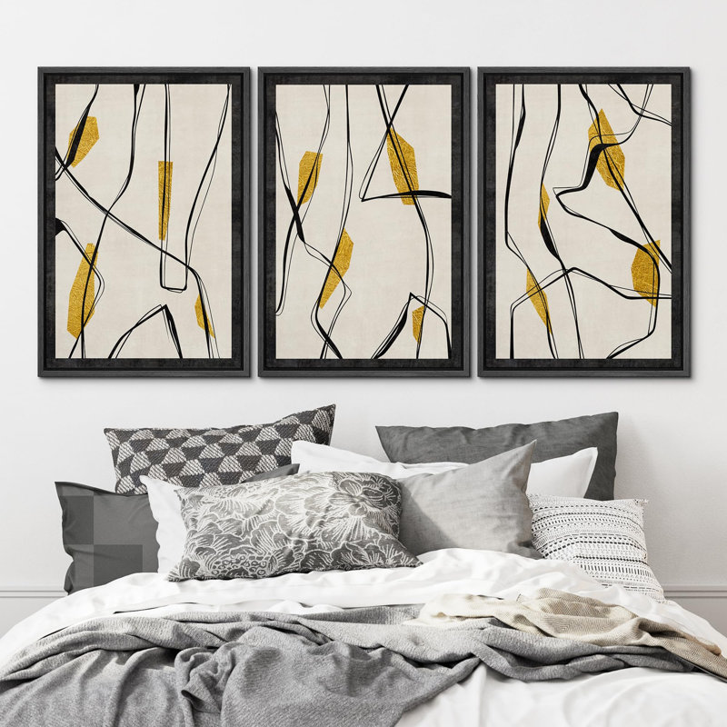 "Lignes noires abstraites et or, motifs de chaos élégants avec illustrations métalliques, art moderne" 3 pièces, Noir