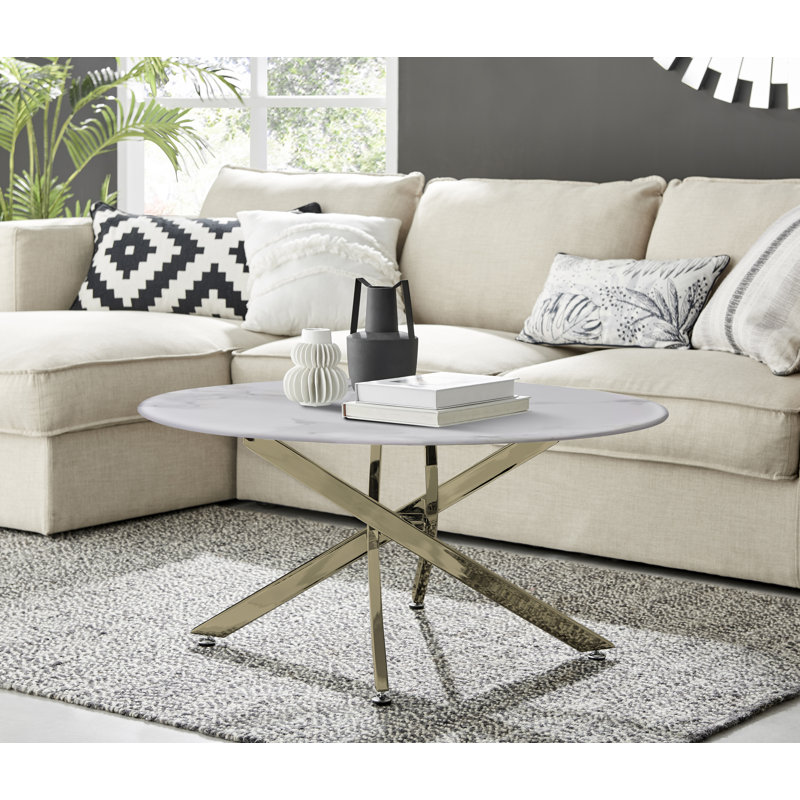 Cesarino Marble Effect Round Coffee Table - Glass Topped Metal Leg Centre Table, White, Gold