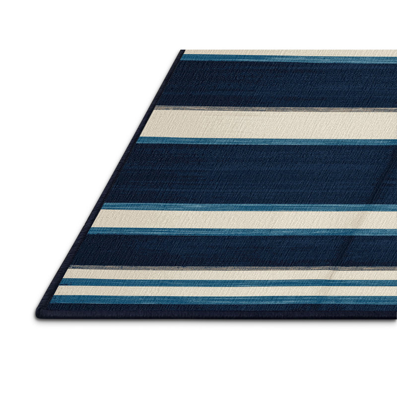 Washable Ink Blue White Striped Area Rug, Square 7'