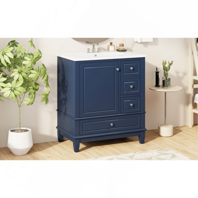 Meuble-lavabo 30 po avec lavabo, une porte avec tablette et trois tiroirs, porte à fermeture douce, bleu