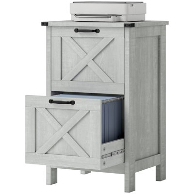 Rustic Farmhouse Style Two-Drawer Office Storage and Filing Cabinet with Barn Door Design for Home Workspace Organization and Printer Stand Use, Durab
