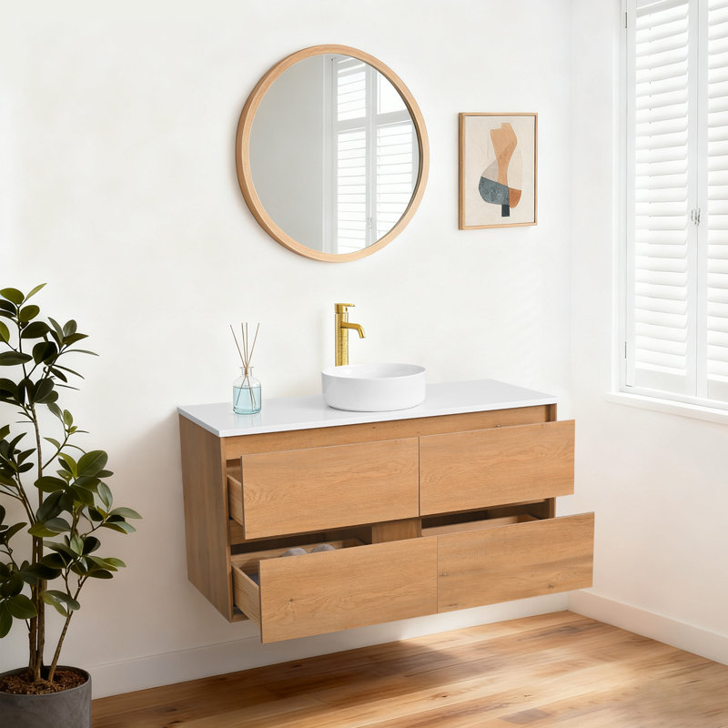 Meuble-lavabo mural simple 48 po avec comptoir en quartz, Rond