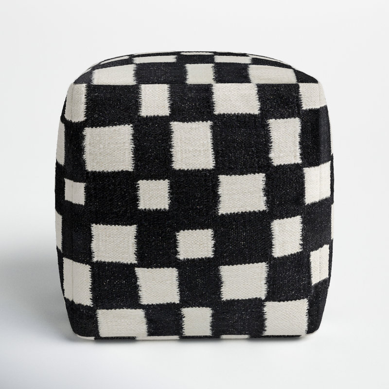 Gwennie Upholstered Pouf, Black/White Wool/Cotton Blend