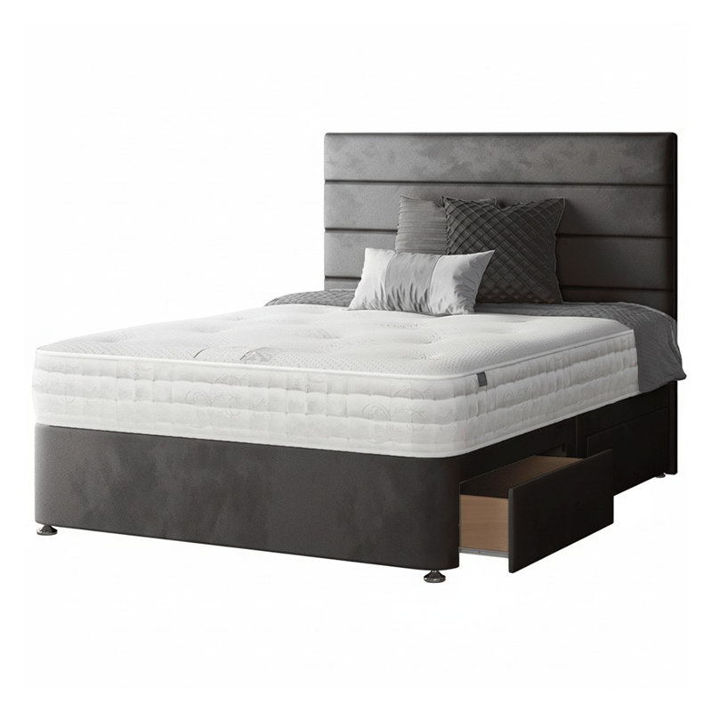 Kiara Stripped Floor Standing Headboard With Divan Base 4 Drawers Plush Velvet Mallard With And Metal Feet (Kingsize)