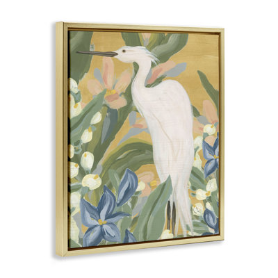 Tropical Egret Painting Gold Framed Floater Canvas Wall Art by June Erica Vess