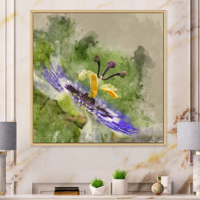 Abstrait fleur mauve - Peinture, H 16 po x l 16 po, Cadre flottant brun