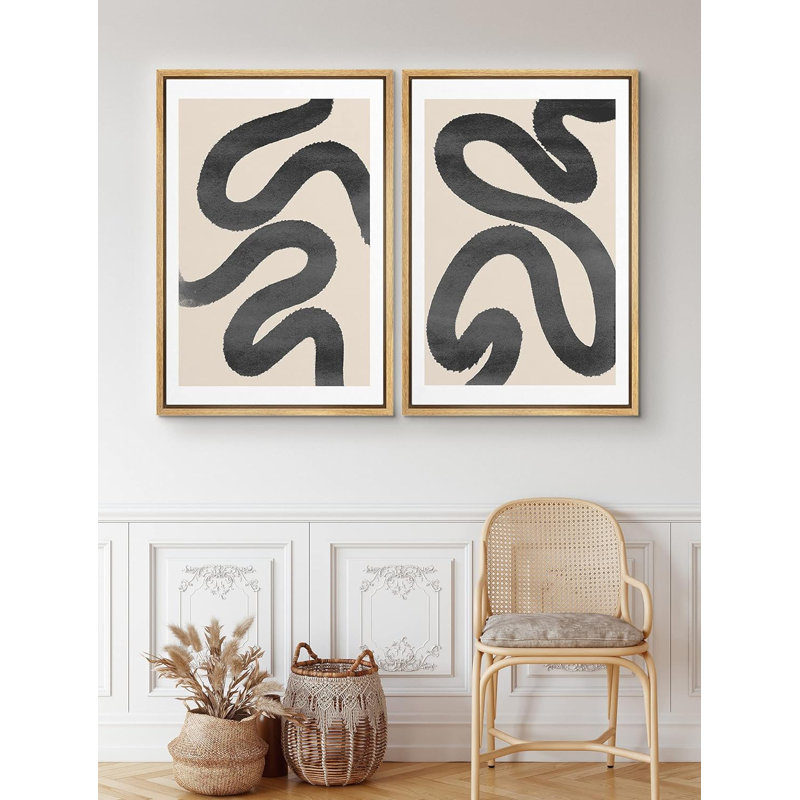 " Black Squiggly Lines Over Tan " 2 - Pieces, 24" H x 16" W, Natural