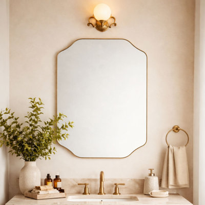 Scalloped Gold Bathroom Mirror Decorative Brass Metal Framed Irregular Bathroom Vanity Mirror Wall Mounted 32 x 24''