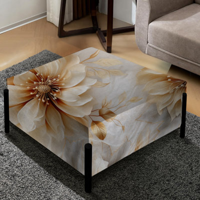 Beige Chrysanthemum Flowers Boho Pattern - Floral Large Square Ottoman