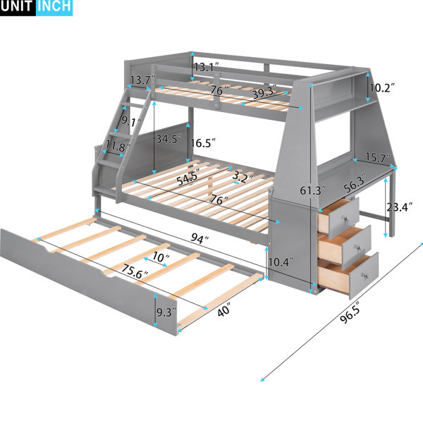 Latitude Run® Twin Over Full Bunk Bed With Trundle, Desk & Shelf, White ...