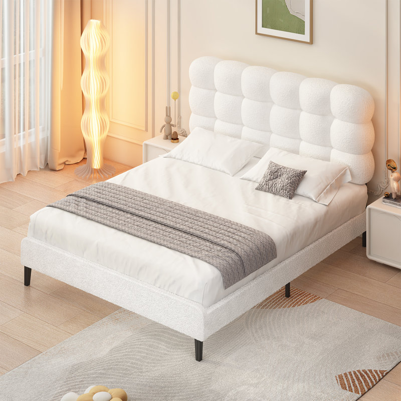 Aadi Upholstered Headboard, Platform Bed with Strong Wooden Slats Support, Two Bed Forms Design, Full, White