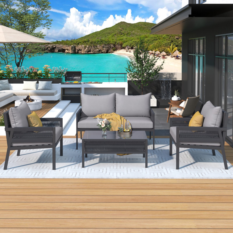 K&K 4-Piece Rope Patio Furniture Set, Grey, White