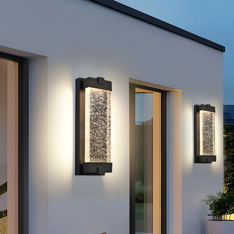 19"(H) Black Aluminum Finish Outdoor Wall Light With Bubble Crystal Glass, Led Light Source, 3000K Warm Light, Weatherproof Exterior Sconce For Patio, Porch, Or Garage (1-Pack)