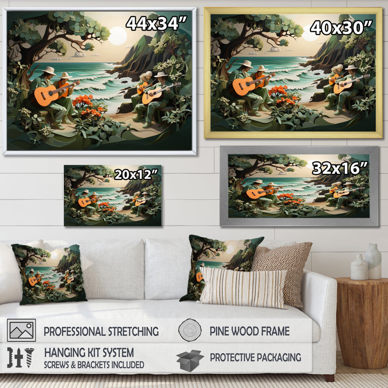 Coastal Harmony Papercut I, reproduction d'art sur toile, Cadre photo noir, H 34 po x l 44 po x P 1,5 po
