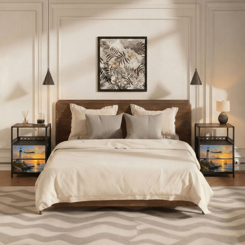 Table de chevet 2 tiroirs en tissu avec station de charge Phare voilier Sunset Ocean Waves