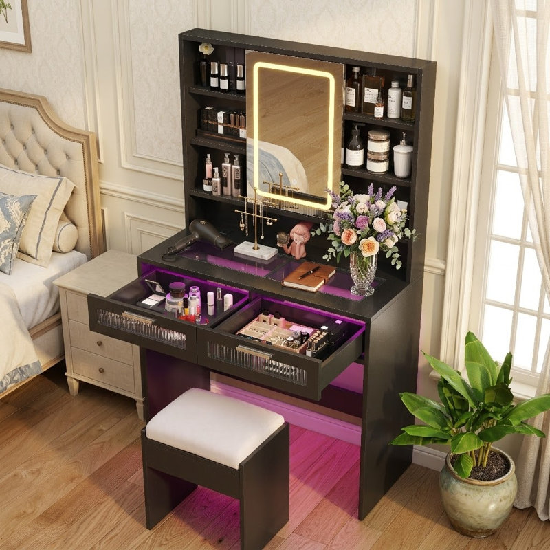 35.5" Black Modern Vanity Table With Led Mirror And Charging Station, 6 Storage Shelves, Black