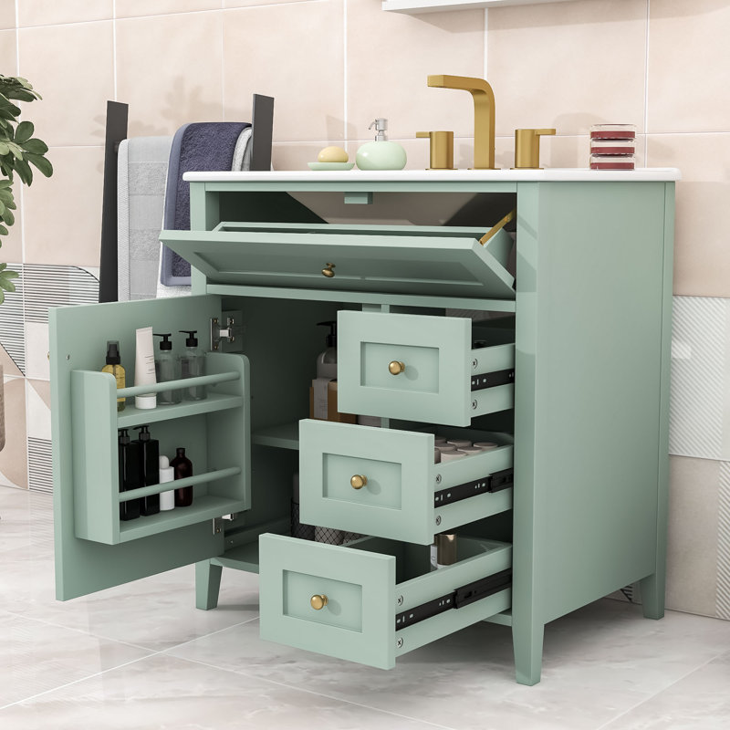 Meuble-lavabo autoportant moderne avec lavabo en céramique lisse, tablettes réglables et tiroirs de rangement, Light Green