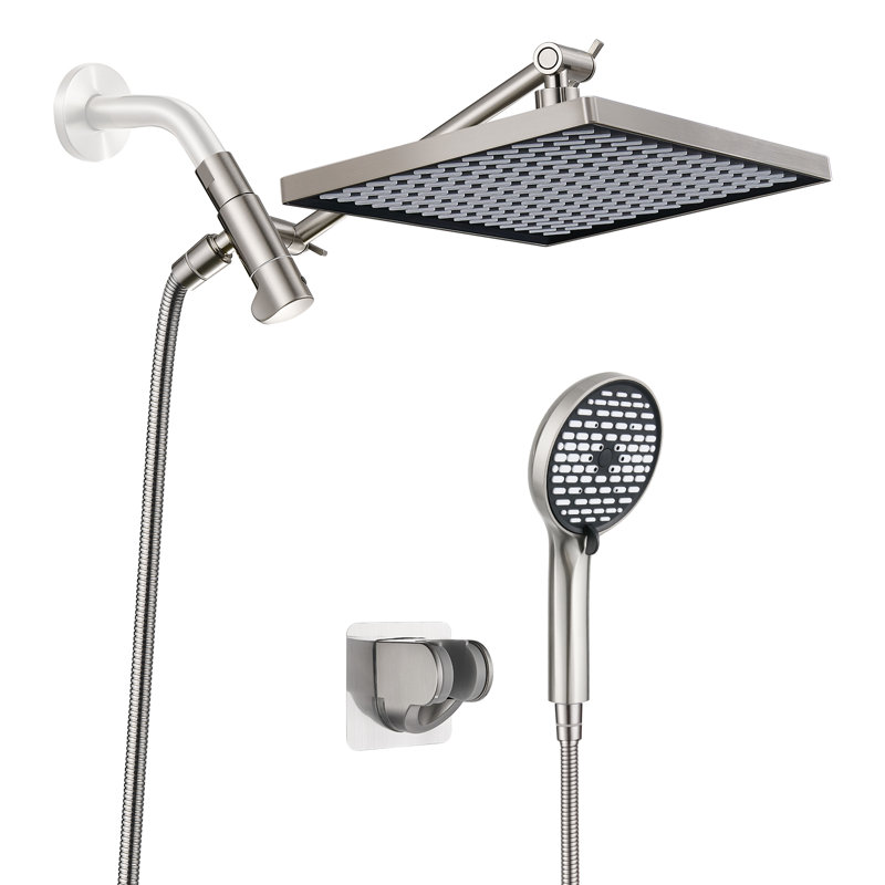 12" Rectangular Rainfall Shower Head and 6-Spray Handheld Shower Combo with 59-inch Hose Wall Mount Brushed Nickel