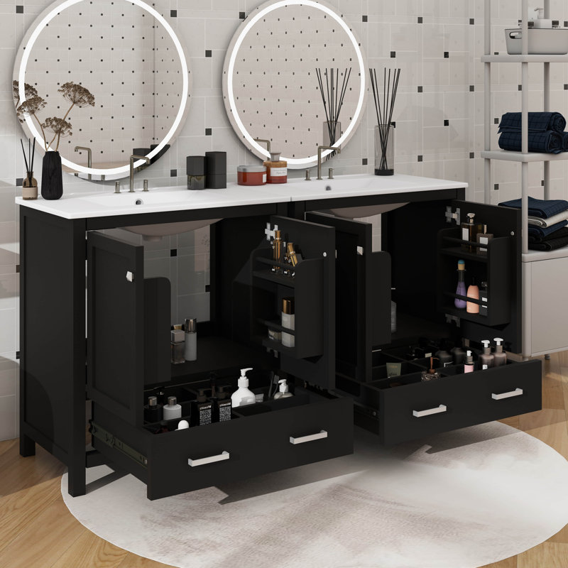 Ensemble de meuble-lavabo de salle de bain 60 po, Noir, Argent argent