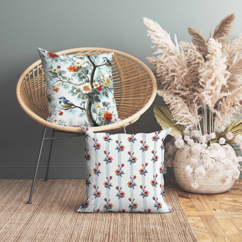Coussin en suède deux oiseaux et fleurs, Bleu, Carré 16 po