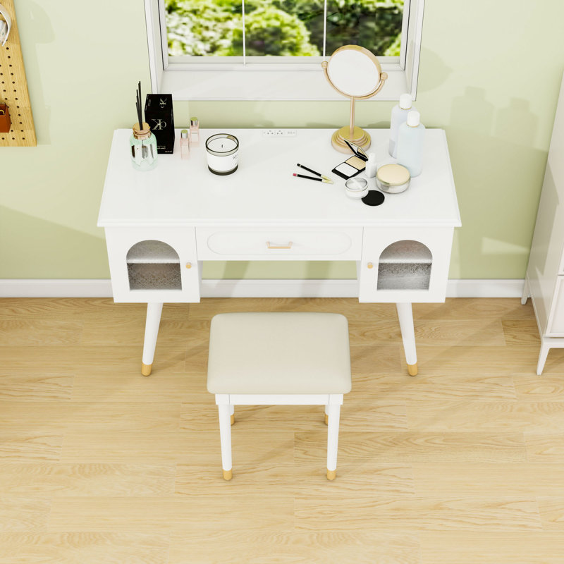 Vanity Makeup Desk with Built-in Power Port, Upholstered Stool and Storage Space, White