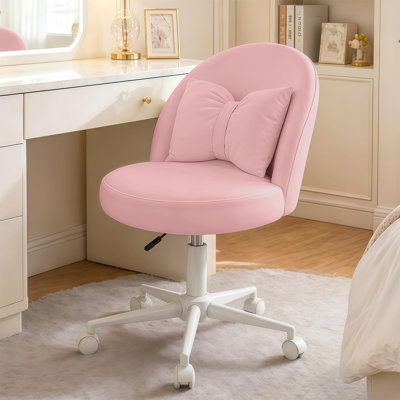 Chaise de coiffeuse pivotante sans accoudoirs, réglable en hauteur, en velours rose, idéale pour la chambre ou le bureau à domicile.
