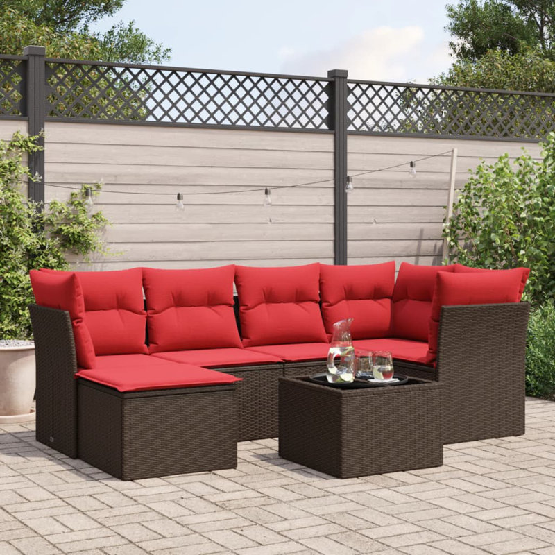 Ensemble de canapé de patio 7 pièces avec coussins en rotin de polyester, Rouge, Brun