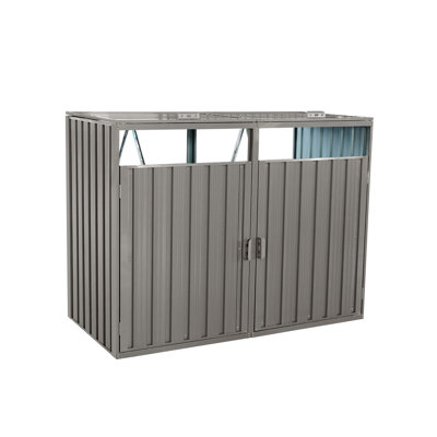 Garbage Bin Shed Stores 2 Trash Cans Metal Outdoor Bin Shed For Garbage Storage,Stainless Galvanized Steel, Bin Shed For Garden Yard Lawn,Grey