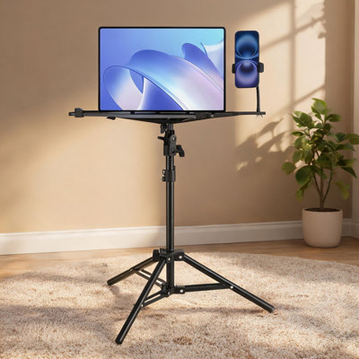 Adjustable Projector and Laptop Tripod Stand Compact Matte Black Carbon Steel with Gooseneck Phone Holder