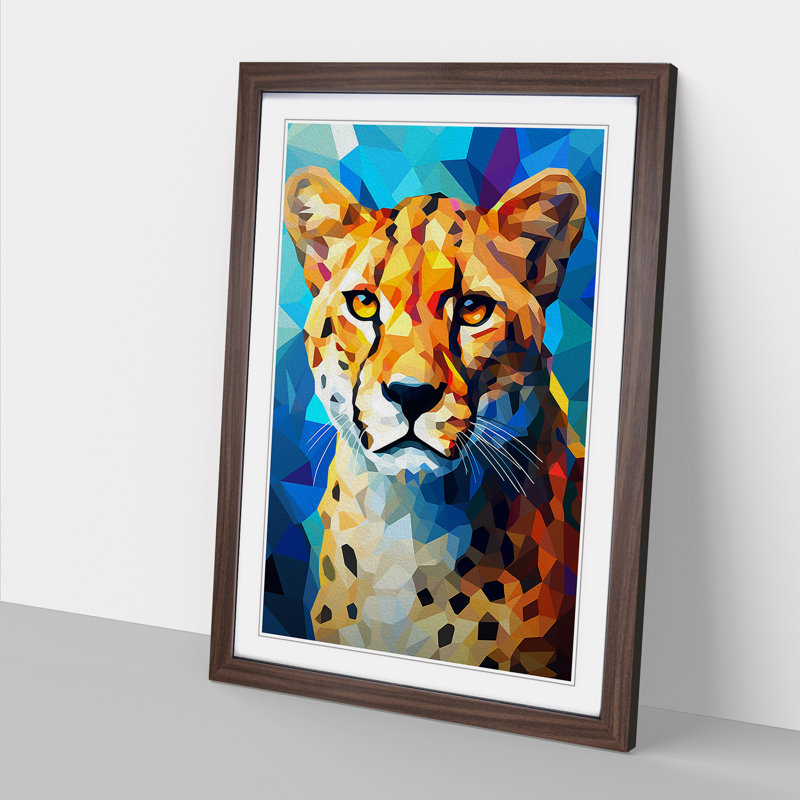 Cheetah Cubism No.2 - Single Picture Frame Print on Wood, 46cm H x 34cm W x 2cm D, Walnut