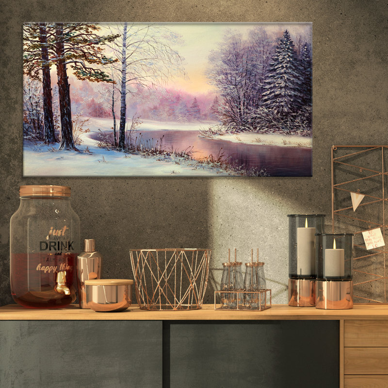 «River in Winter Landscape», peinture, H 32 po x l 16 po x P 1 po, Toile tendue