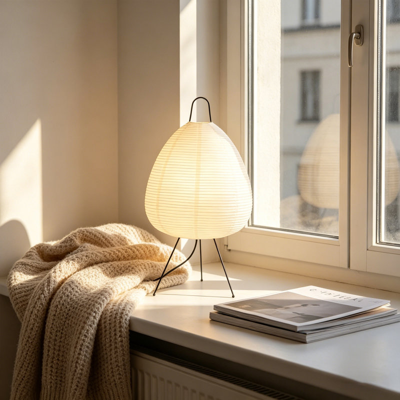 Lampe de table minimaliste en papier avec base trépied, lumière ambiante douce