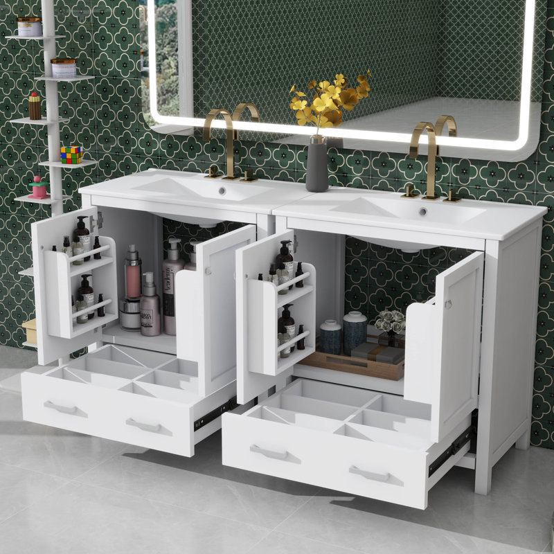 Elegant Bathroom Vanity Set With Vanities  Ceramic Sinks And Partitioned Drawers, White, 60", 4" Centerset