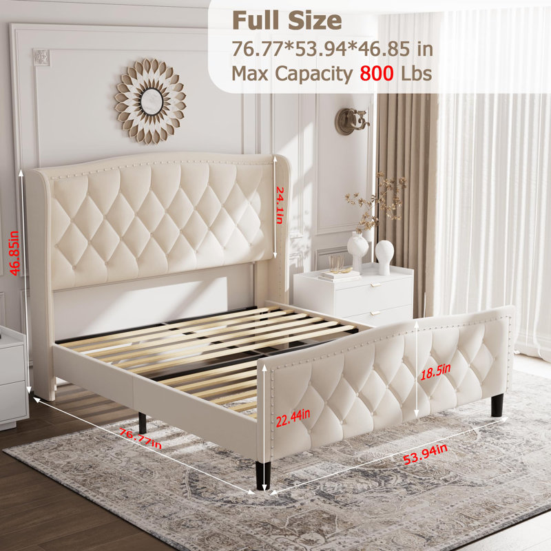 Full Size Bed Frame, Velvet Upholstered Platform Bed with Wingback Headboard, Wooden Slat Support, Beige, Full