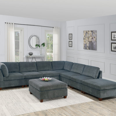 Mobilier de salon modulaire chenille gris modulaire 8 pièces grand canapé en L modulaire moderne 2X coin coin 4X sans accoudoirs et 2X repose-pieds en contreplaqué