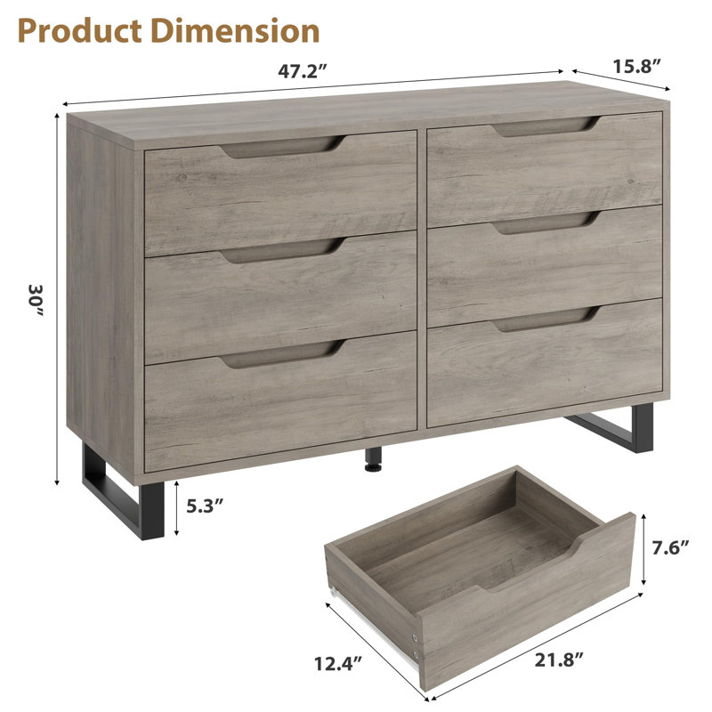 47.2" Wide 6 Drawer Dresser for Bedroom, Freestanding Wooden Closet Storage Chest Cabinet, Grey