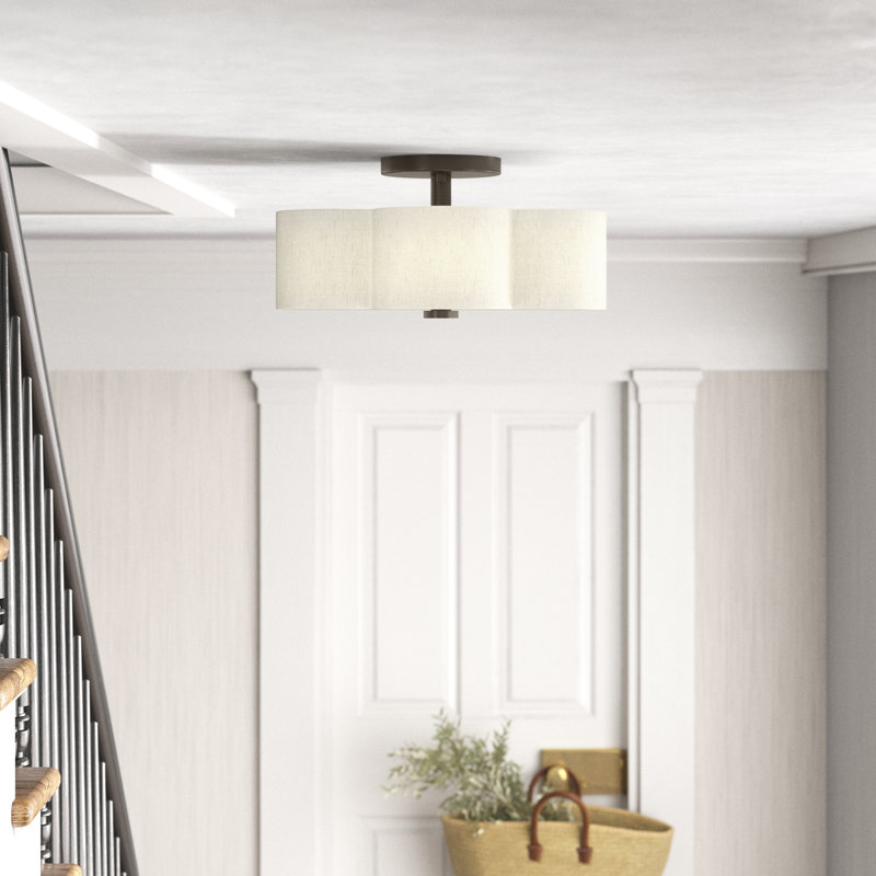 Copper Linen Blend Semi Flush Mount, 8.5" H x 18" W x 18" D, English Bronze