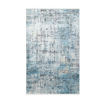 Tapis gris / bleu en viscose et polyester tissé à la machine Chaener