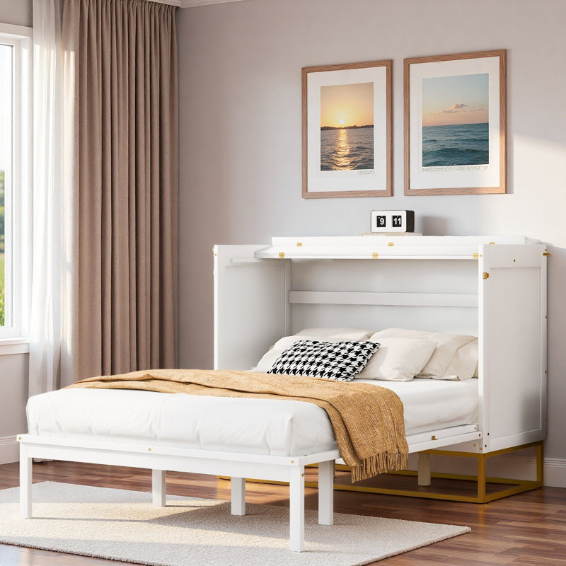 Lit escamotable moderne avec tablette intégrée et base en métal doré, White