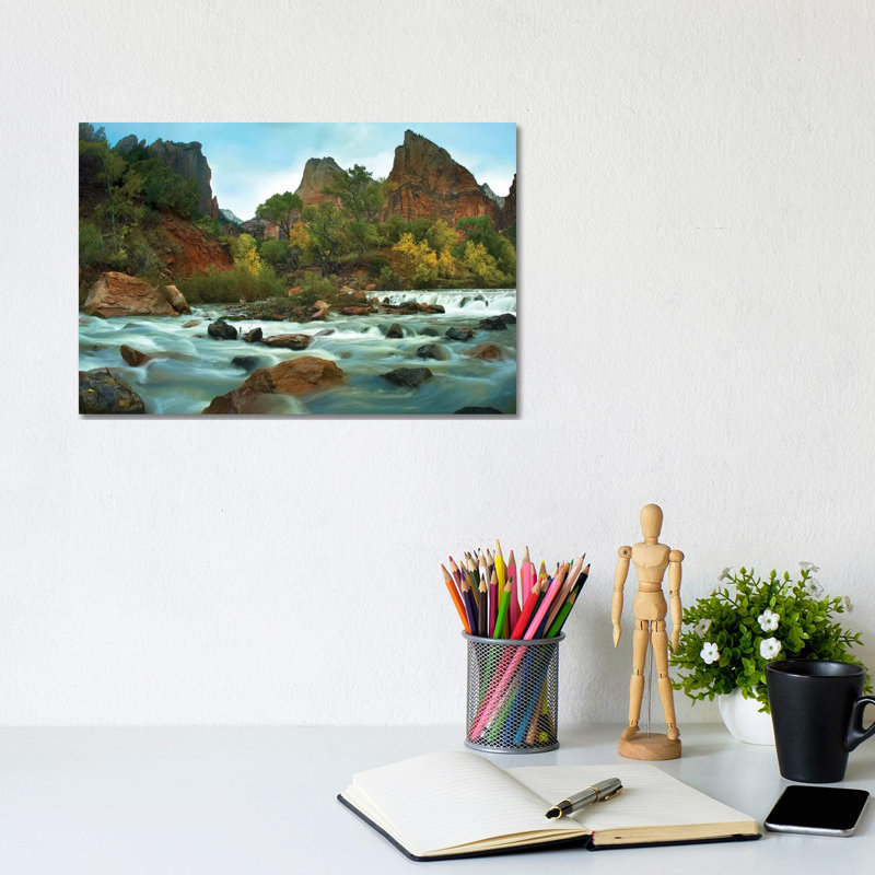 Court Of The Patriarchs Rising Above River, Zion National Park, Utah by Tim Fitzharris - Wrapped Canvas Print