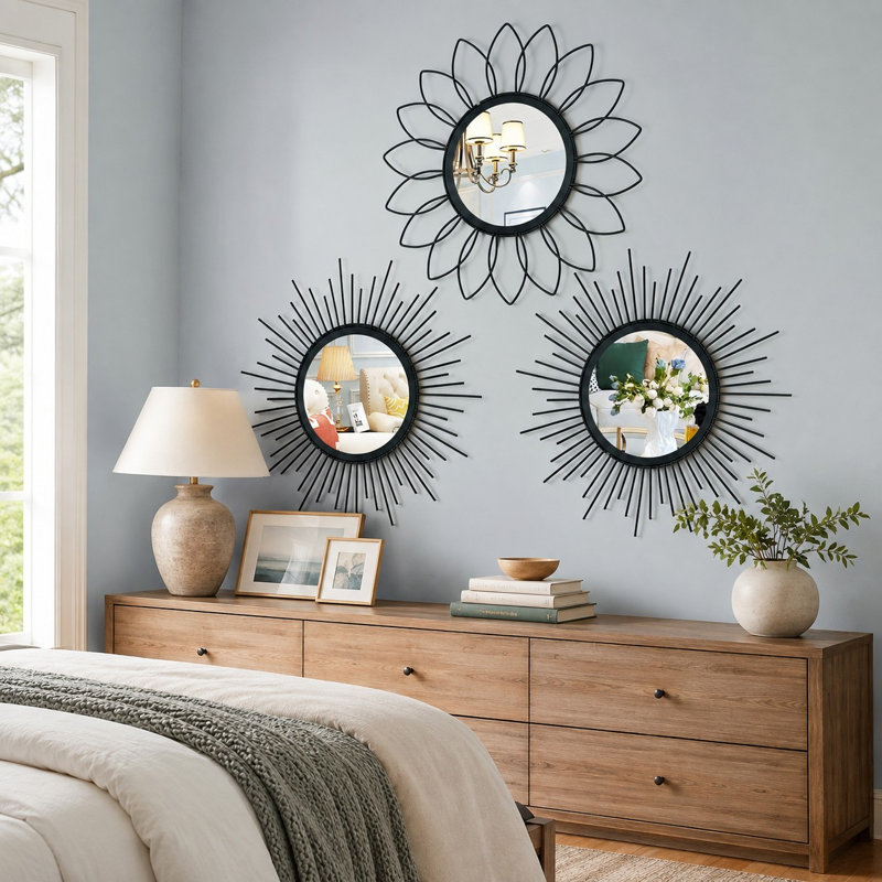 Ensemble de 3 miroirs muraux Sunburst avec cadres en métal, Noir