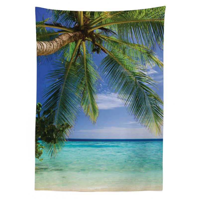 Ambesonne Ocean Tablecloth, Tropical Paradise View At Maldives With Palms Clear Blue Sky Seashore Picture, Rectangular Table Cover For Dining Room Kitchen Decor, 52" X 70", Green Aqua Blue