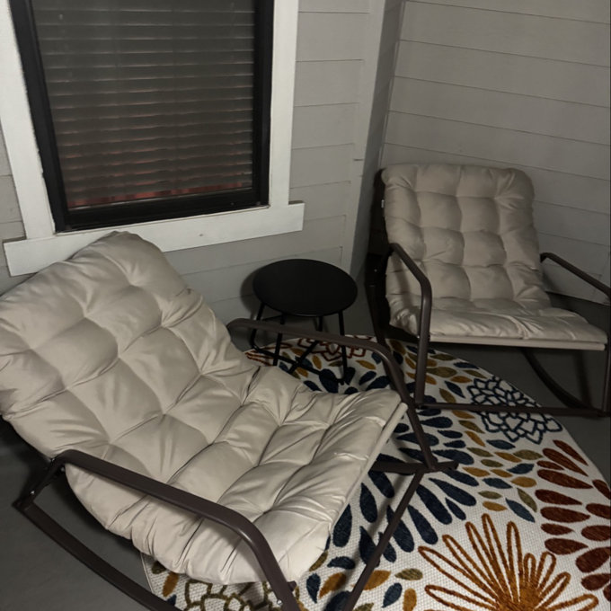 Oversized Outdoor Papasan Rocking Chair Set Of 2 With Footrest, Metal Lounge Rockers With Thick Cushions - Beige Cushion/Brown Frame