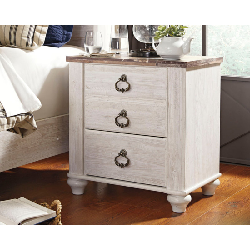 Whitewashed Coastal Charm 2-Drawer Nightstand with USB Ports