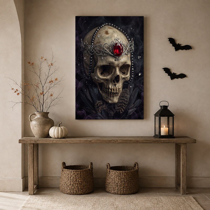 Crâne fissuré avec couronne argentée et gemme rouge, art sur toile d'Halloween, H 24 po x l 16 po
